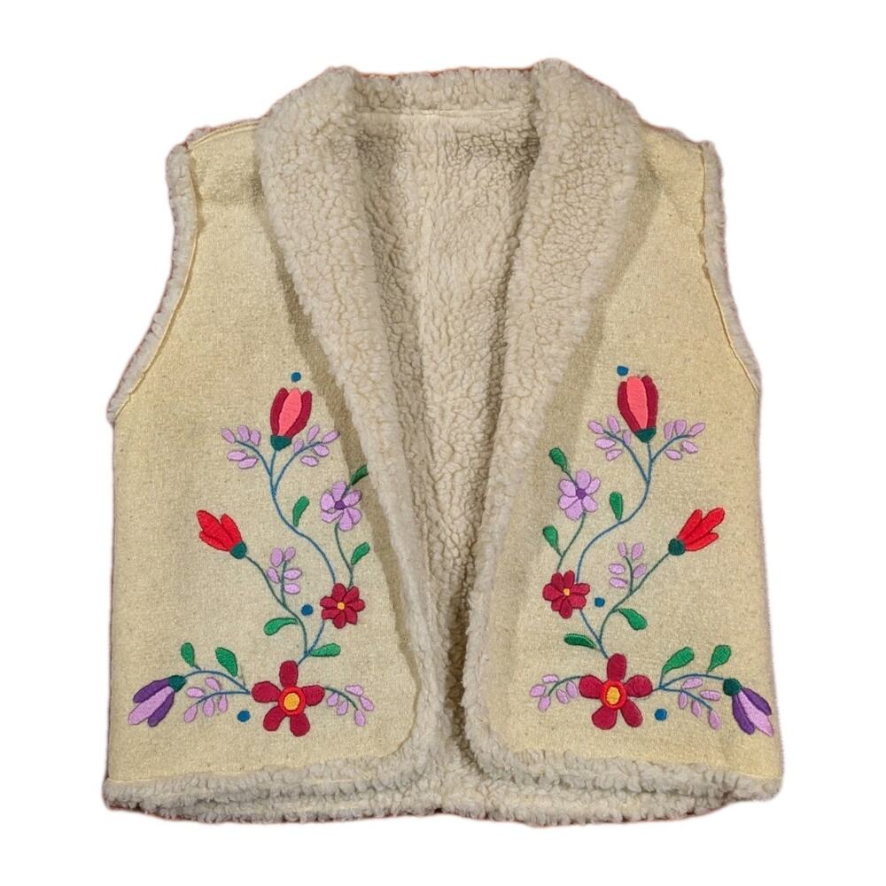 Vintage Wool Embroidered Shearling Vest Boho Folk Hippie Floral Sherpa Lined S/M